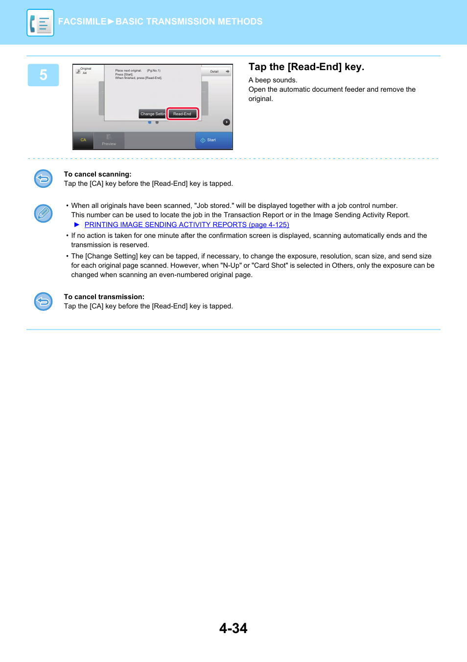 Tap the [read-end] key, Facsimile► basic transmission methods | Sharp MX-6070N User Manual | Page 437 / 935