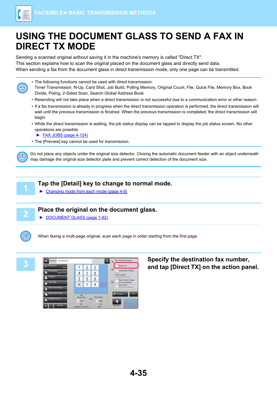 Using the document glass to send a, Fax in direct tx mode -35, Tap the [detail] key to change to normal mode | Place the original on the document glass, Facsimile► basic transmission methods | Sharp MX-6070N User Manual | Page 438 / 935