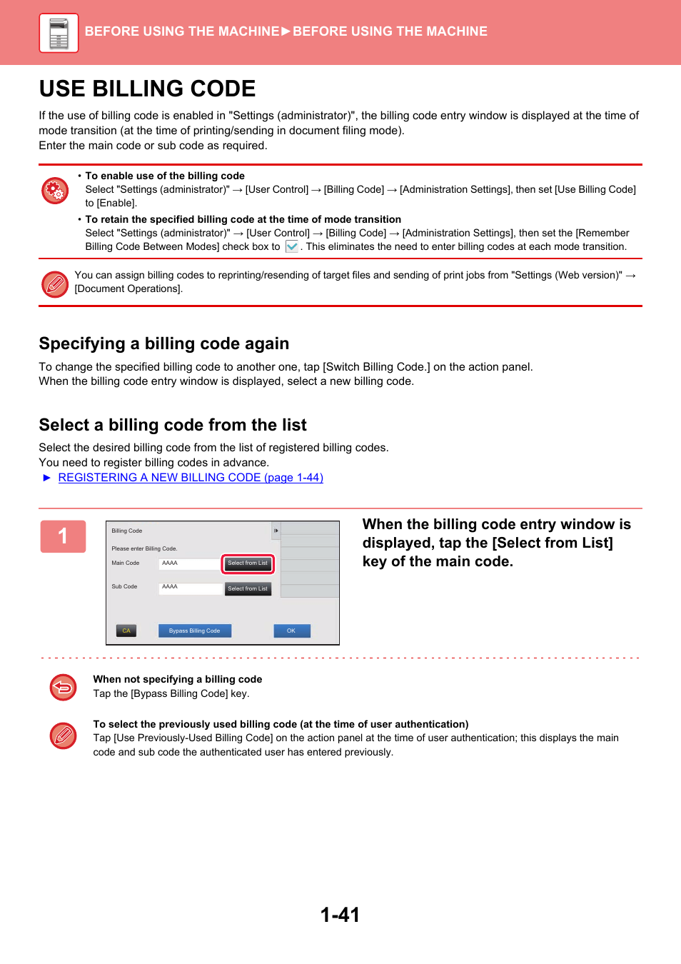 Use billing code -41, Use billing code, Specifying a billing code again | Select a billing code from the list, Before using the machine ►before using the machine | Sharp MX-6070N User Manual | Page 44 / 935