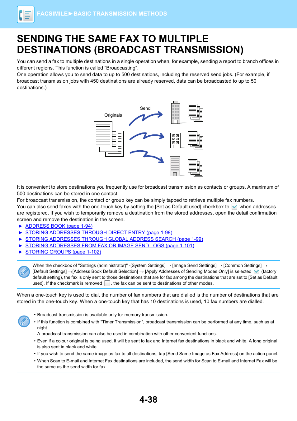 Sending the same fax to multiple, Destinations (broadcast transmission) -38 | Sharp MX-6070N User Manual | Page 441 / 935