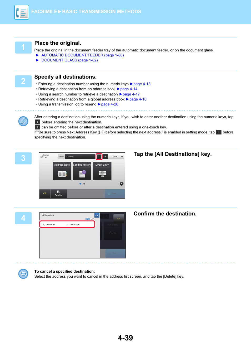 Place the original, Specify all destinations, Tap the [all destinations] key | Confirm the destination, Facsimile► basic transmission methods | Sharp MX-6070N User Manual | Page 442 / 935