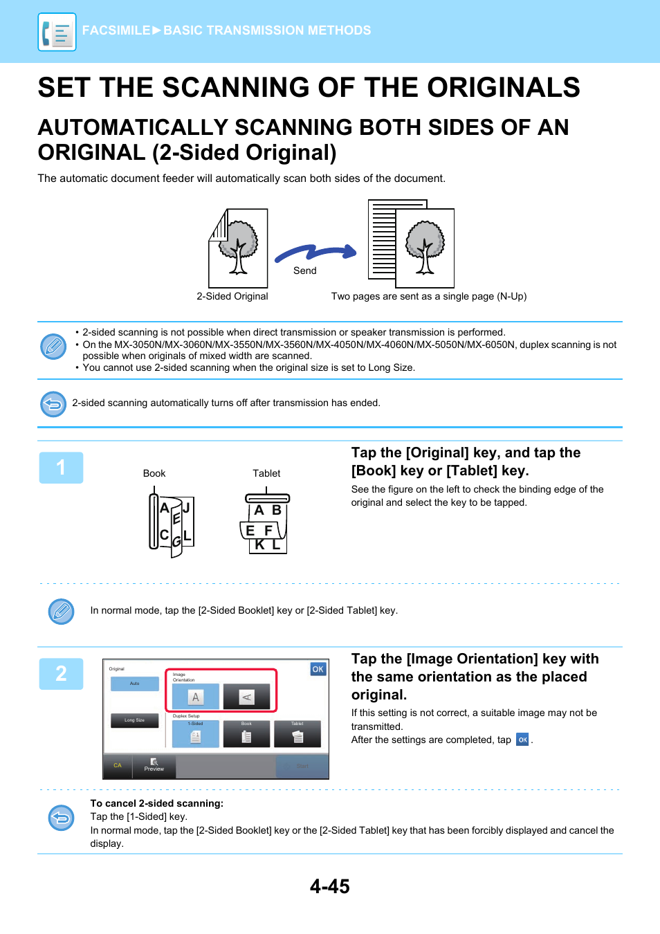 Set the scanning of the originals -45, Automatically scanning both sides, Of an original (2-sided original) -45 | Set the scanning of the originals | Sharp MX-6070N User Manual | Page 448 / 935