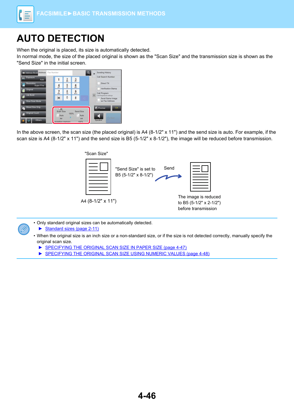 Auto detection -46, Uto detection, Auto detection | Facsimile► basic transmission methods, 1/2" x 11"), Scan size" a4 | Sharp MX-6070N User Manual | Page 449 / 935