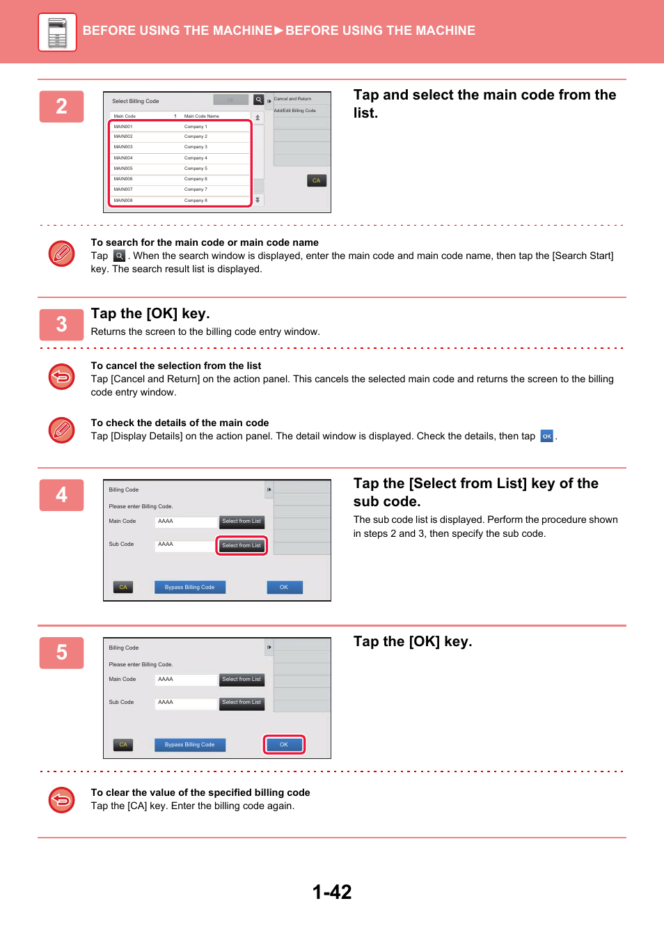 Tap and select the main code from the list, Tap the [ok] key, Tap the [select from list] key of the sub code | Before using the machine ►before using the machine | Sharp MX-6070N User Manual | Page 45 / 935