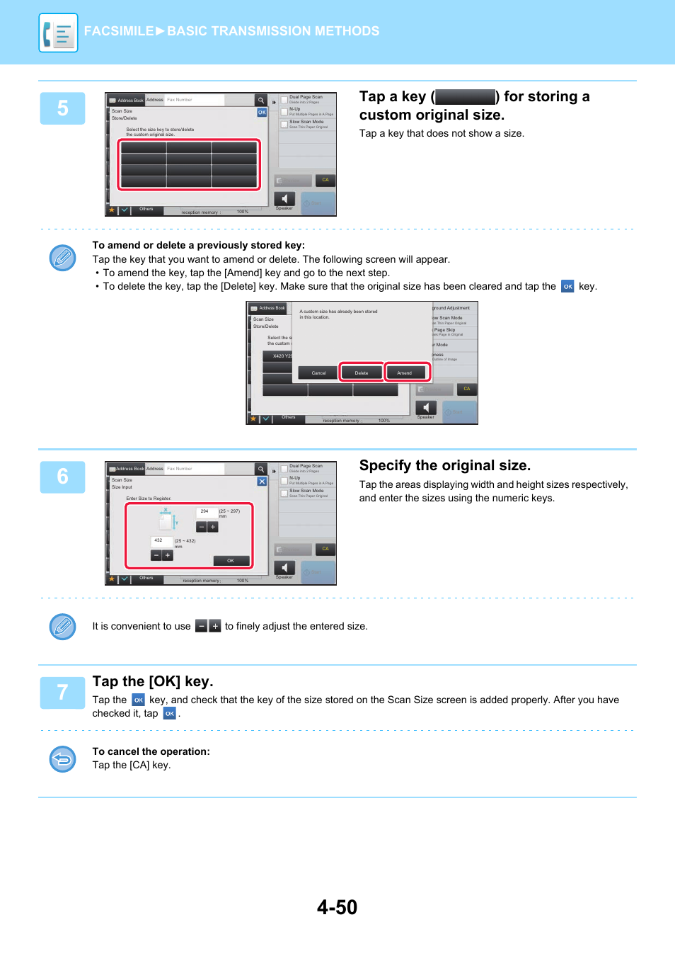 Tap a key ( ) for storing a custom original size, Specify the original size, Tap the [ok] key | Facsimile► basic transmission methods | Sharp MX-6070N User Manual | Page 453 / 935