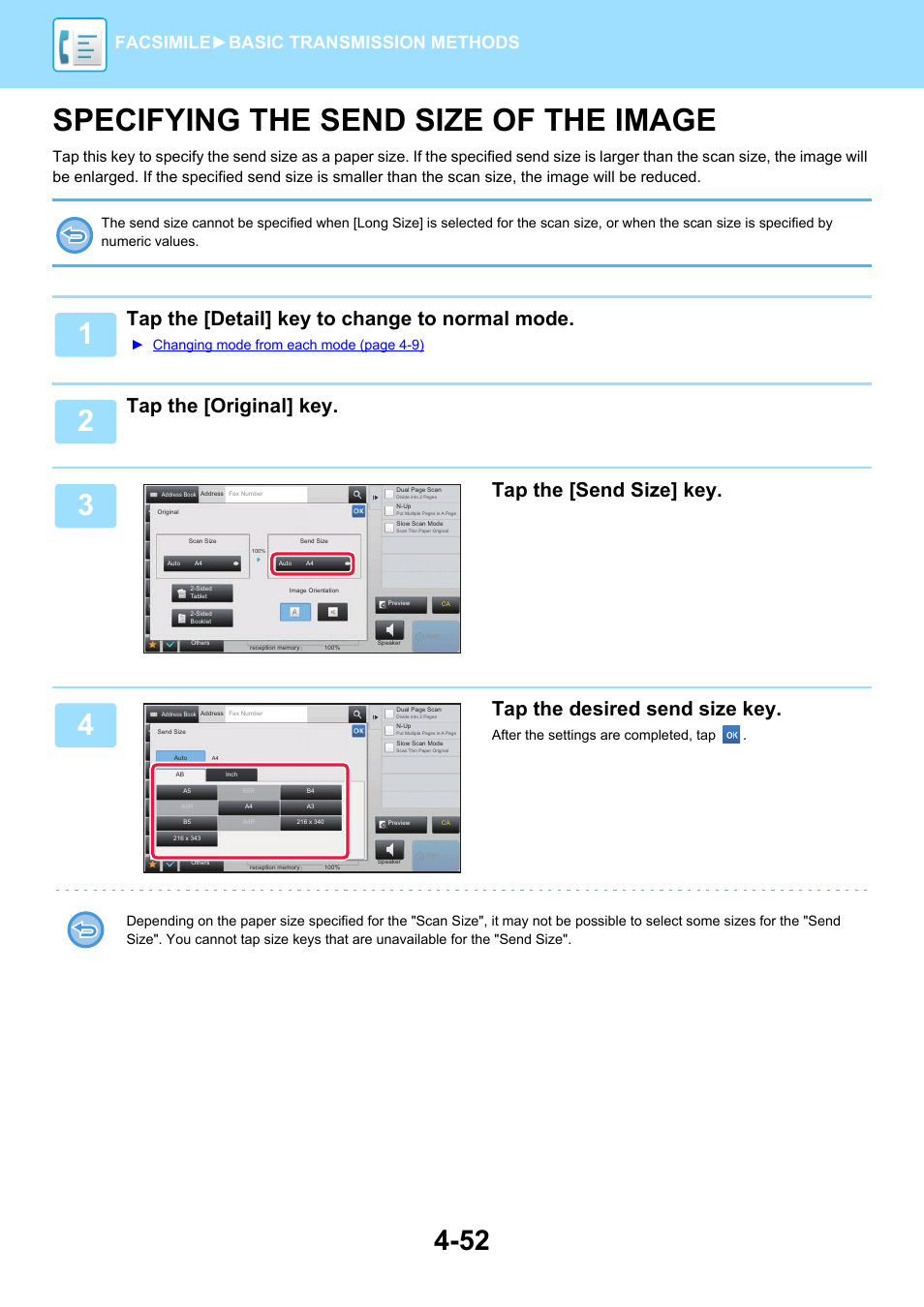 Specifying the send size of the, Image -52, Specifying the send size of the image | Tap the [detail] key to change to normal mode, Tap the [original] key, Tap the [send size] key, Tap the desired send size key, Facsimile► basic transmission methods, Changing mode from each mode (page 4-9) | Sharp MX-6070N User Manual | Page 455 / 935