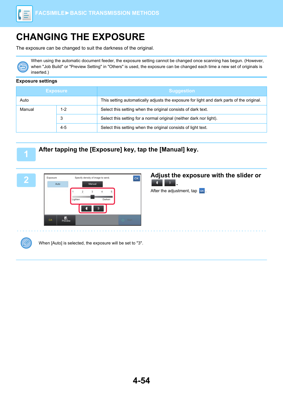 Changing the exposure -54, Sure, Osure | Changing the exposure, Adjust the exposure with the slider or, Facsimile► basic transmission methods | Sharp MX-6070N User Manual | Page 457 / 935