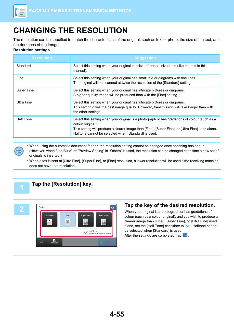 Changing the resolution -55, Changing the resolution, Tap the [resolution] key | Tap the key of the desired resolution | Sharp MX-6070N User Manual | Page 458 / 935