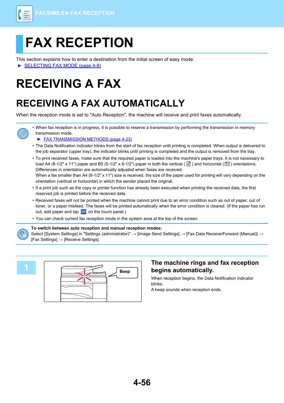 Fax reception, Receiving a fax -56, Receiving a fax automatically -56 | Receiving a fax, Receiving a fax automatically | Sharp MX-6070N User Manual | Page 459 / 935