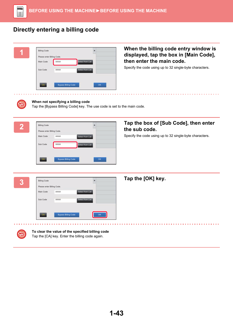 Directly entering a billing code, Tap the box of [sub code], then enter the sub code, Tap the [ok] key | Before using the machine ►before using the machine | Sharp MX-6070N User Manual | Page 46 / 935