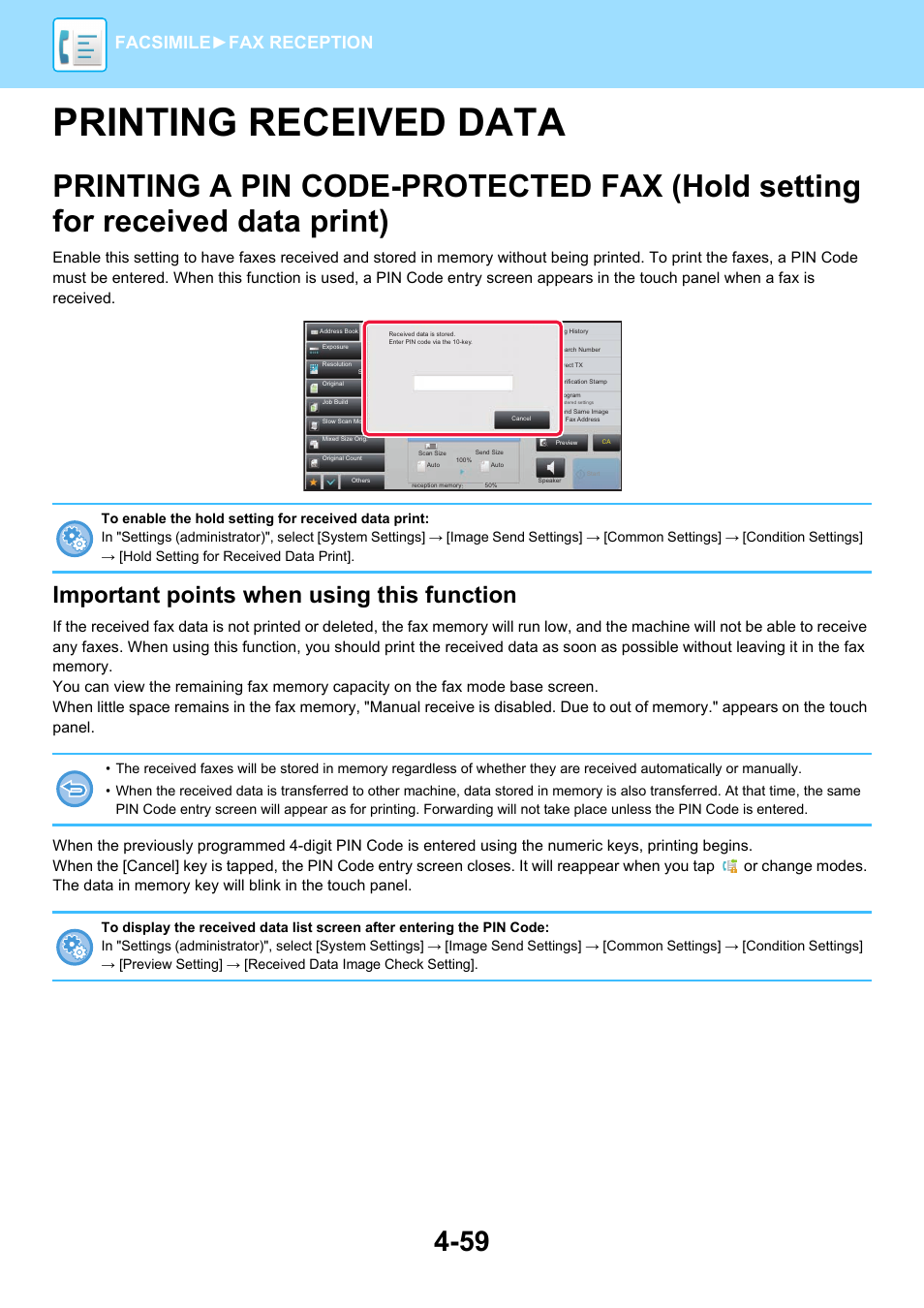 Printing received data -59, Printing a pin code-protected fax, Hold setting for received data print) -59 | Printing received data, Important points when using this function, Facsimile► fax reception | Sharp MX-6070N User Manual | Page 462 / 935