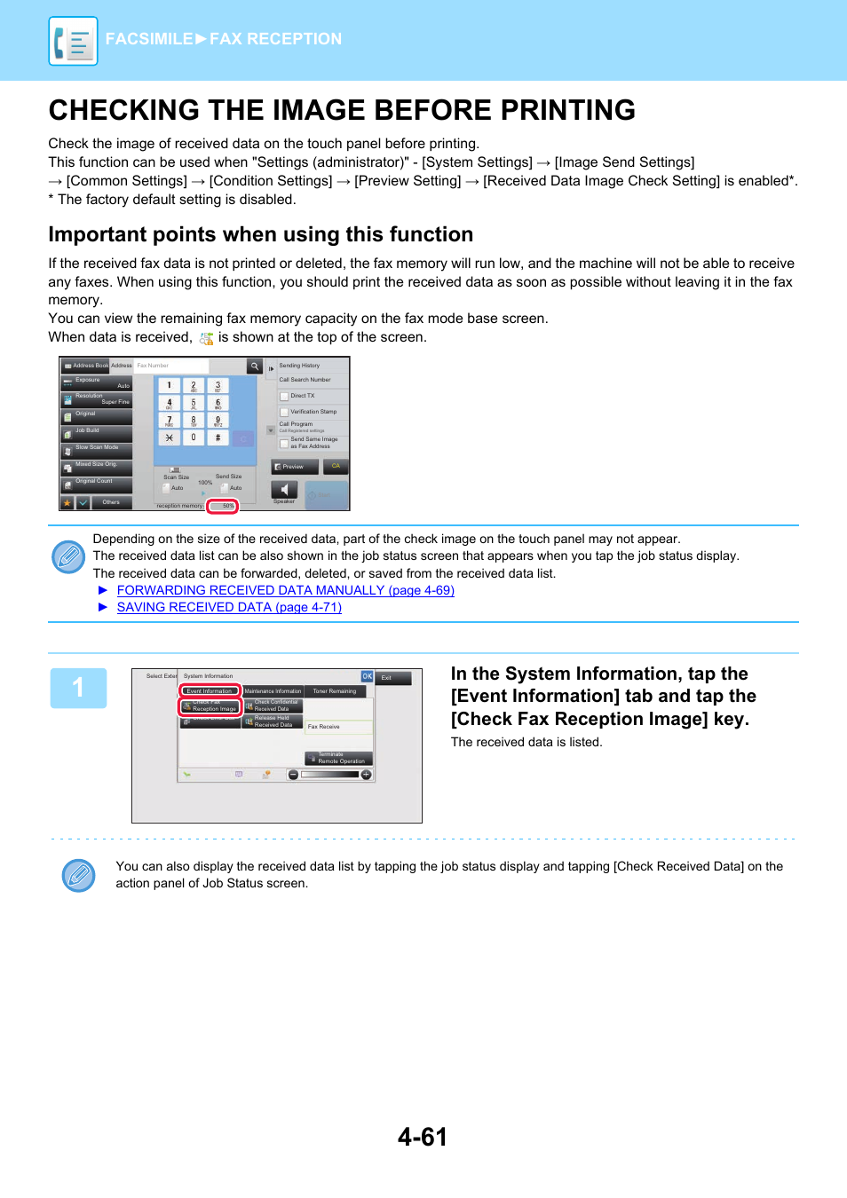 Checking the image before printing -61, Checking the image before printing, Important points when using this function | Facsimile► fax reception | Sharp MX-6070N User Manual | Page 464 / 935