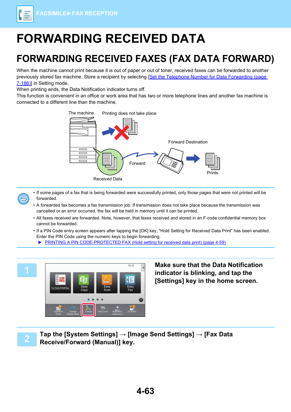 Forwarding received data -63, Forwarding received faxes (fax, Data forward) -63 | Forwarding received data, Forwarding received faxes (fax data forward), Facsimile► fax reception | Sharp MX-6070N User Manual | Page 466 / 935