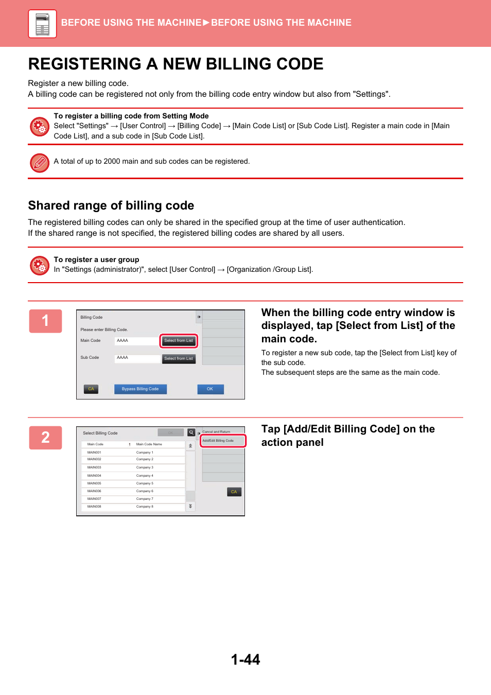 Registering a new billing code -44, Registering a new billing code, Shared range of billing code | Tap [add/edit billing code] on the action panel, Before using the machine ►before using the machine | Sharp MX-6070N User Manual | Page 47 / 935