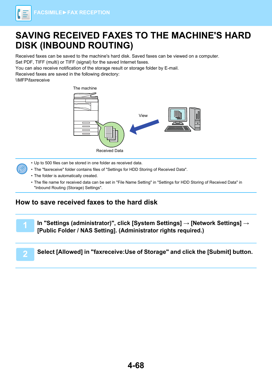 Saving received faxes to the, Machine's hard disk (inbound routing) -68 | Sharp MX-6070N User Manual | Page 471 / 935