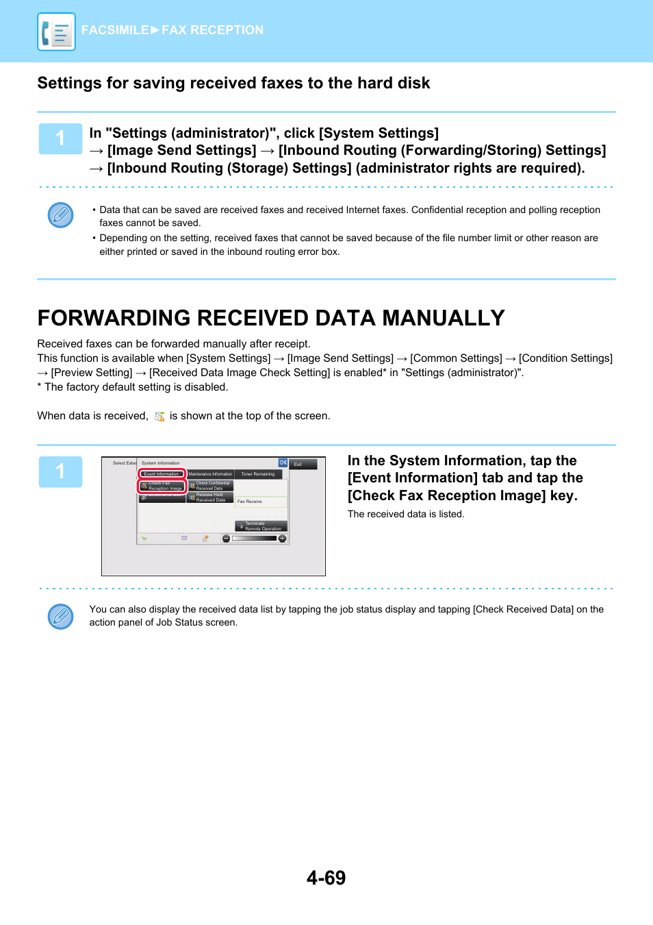 Forwarding received data manually -69, Forwarding received data manually, Facsimile► fax reception | Sharp MX-6070N User Manual | Page 472 / 935