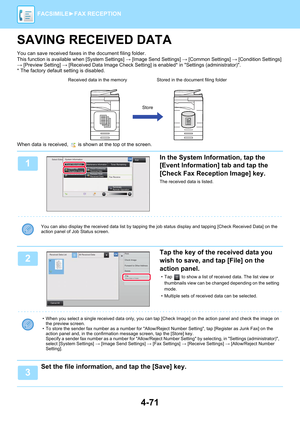 Saving received data -71, Saving received data, Set the file information, and tap the [save] key | Facsimile► fax reception | Sharp MX-6070N User Manual | Page 474 / 935