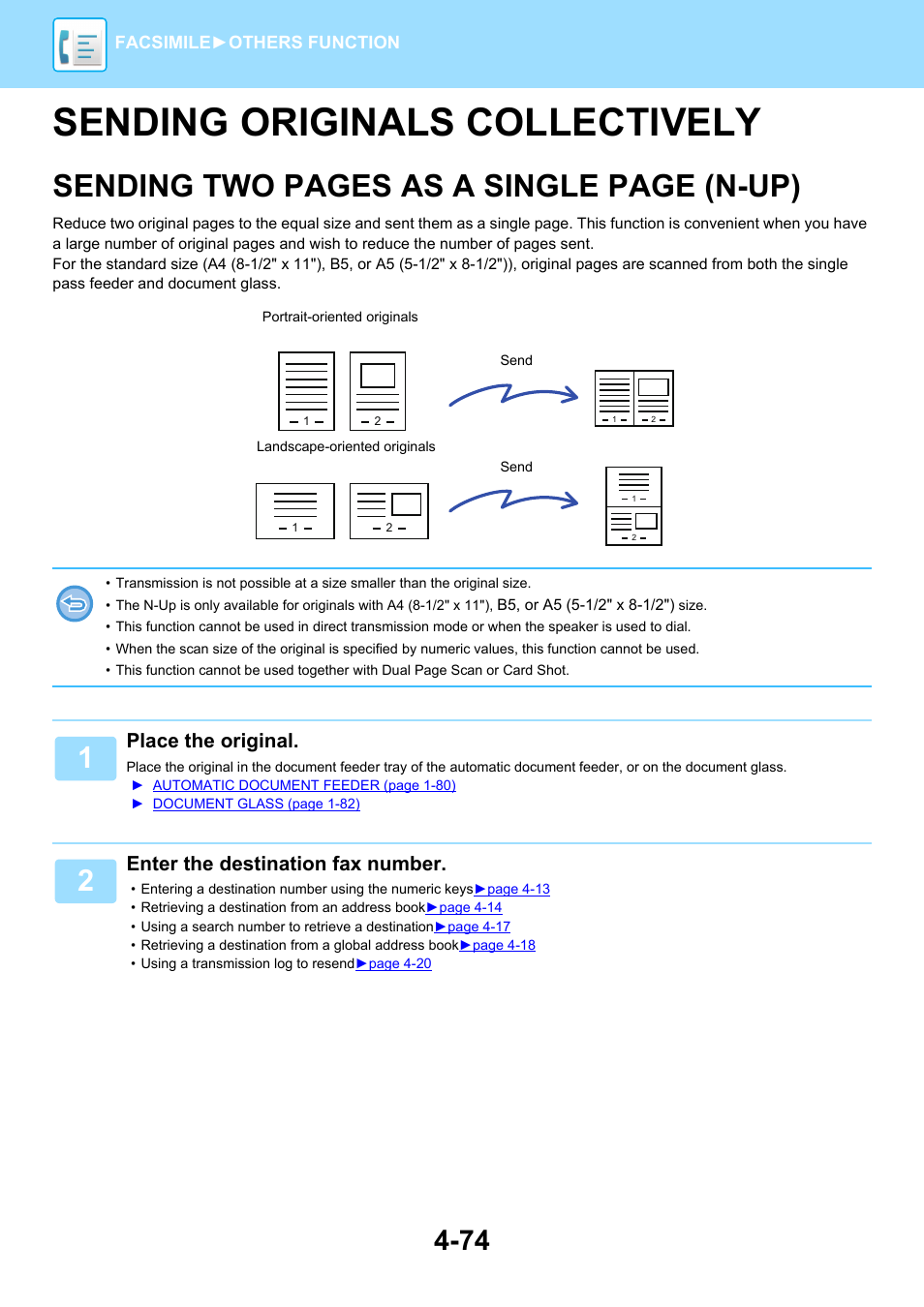 Sending originals collectively -74, N-up) -74, Ectively | Sending originals collectively, Sending two pages as a single page (n-up), Place the original, Enter the destination fax number | Sharp MX-6070N User Manual | Page 477 / 935