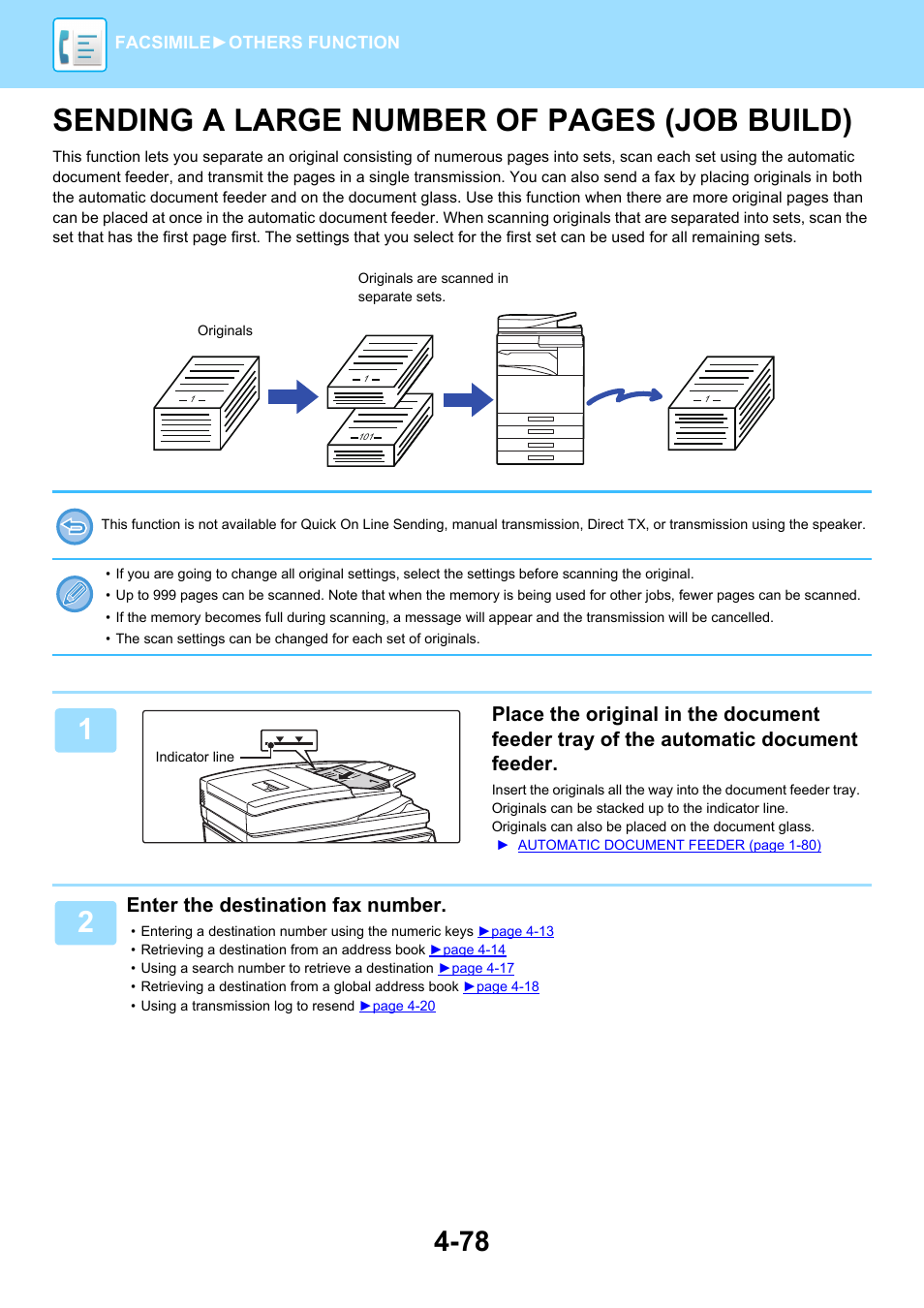 Job build) -78, Sending a large number of pages (job build), Enter the destination fax number | Sharp MX-6070N User Manual | Page 481 / 935