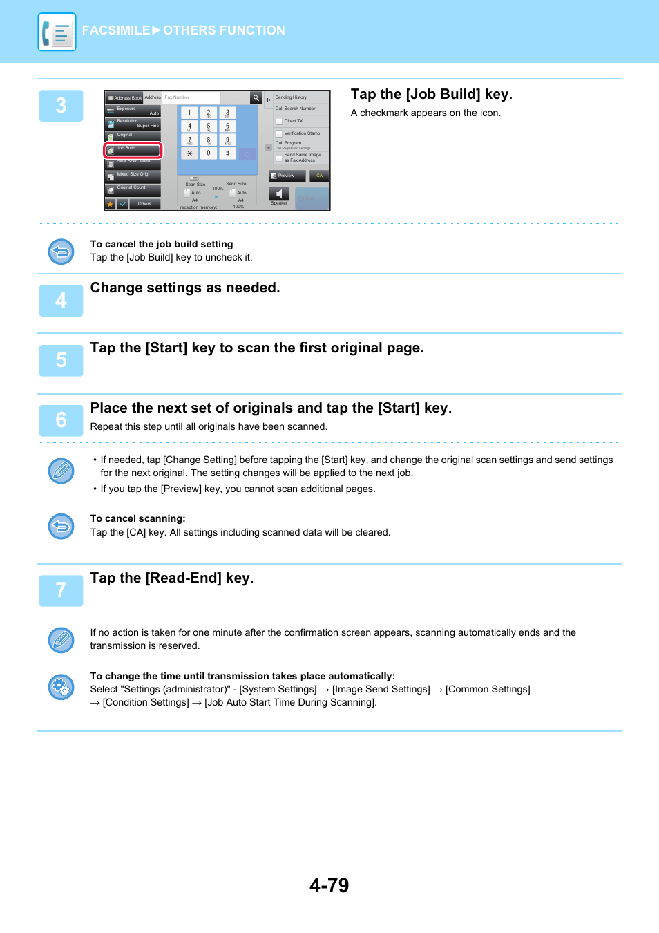 Tap the [job build] key, Change settings as needed, Tap the [read-end] key | Facsimile► others function | Sharp MX-6070N User Manual | Page 482 / 935