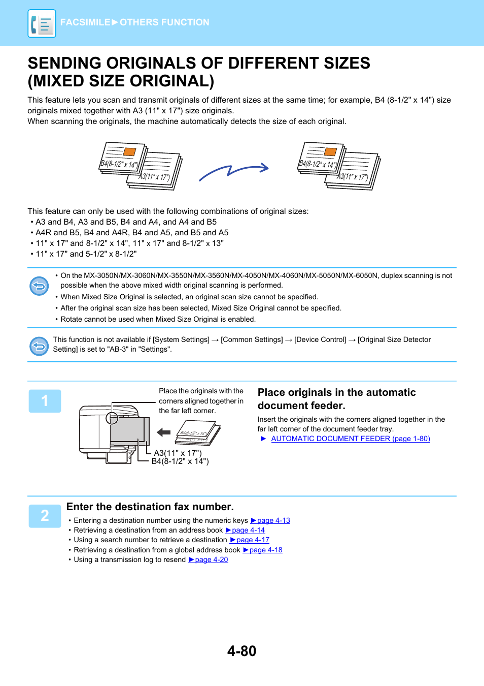 Sending originals of different sizes, Mixed size original) -80, Place originals in the automatic document feeder | Enter the destination fax number | Sharp MX-6070N User Manual | Page 483 / 935