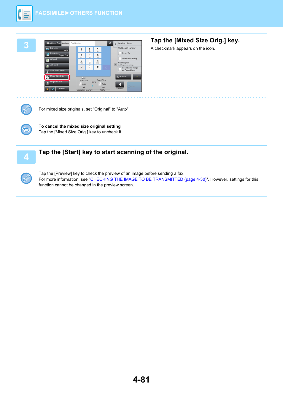 Tap the [mixed size orig.] key, Facsimile► others function | Sharp MX-6070N User Manual | Page 484 / 935