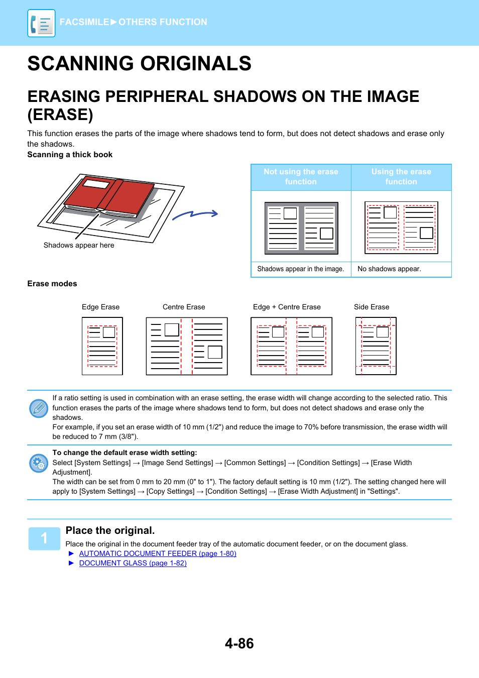 Scanning originals -86, Erasing peripheral shadows on the, Image (erase) -86 | Scanning originals, Erasing peripheral shadows on the image (erase) | Sharp MX-6070N User Manual | Page 489 / 935