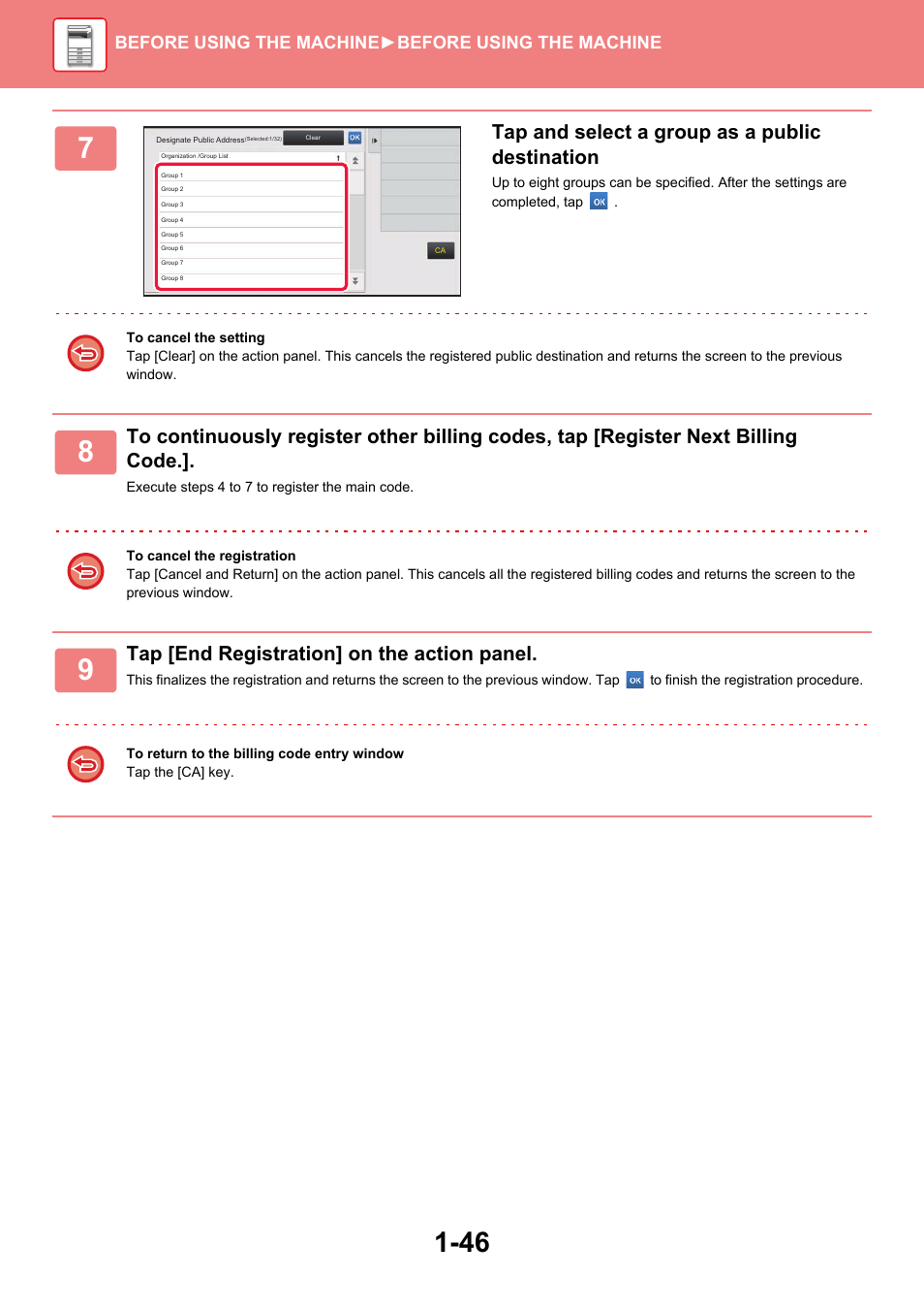 Tap and select a group as a public destination, Tap [end registration] on the action panel, Before using the machine ►before using the machine | Sharp MX-6070N User Manual | Page 49 / 935