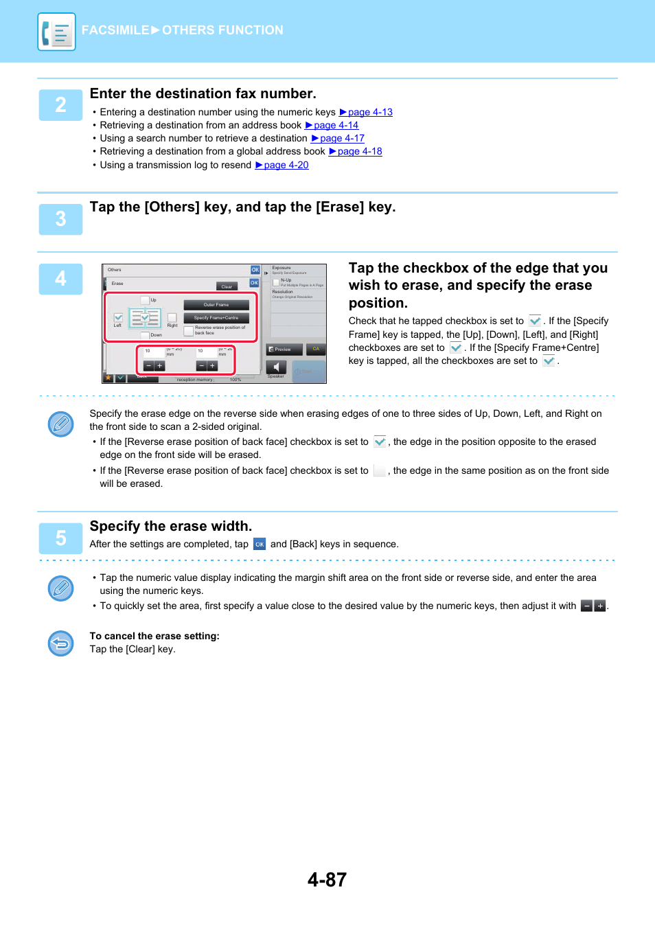 Enter the destination fax number, Tap the [others] key, and tap the [erase] key, Specify the erase width | Facsimile► others function | Sharp MX-6070N User Manual | Page 490 / 935