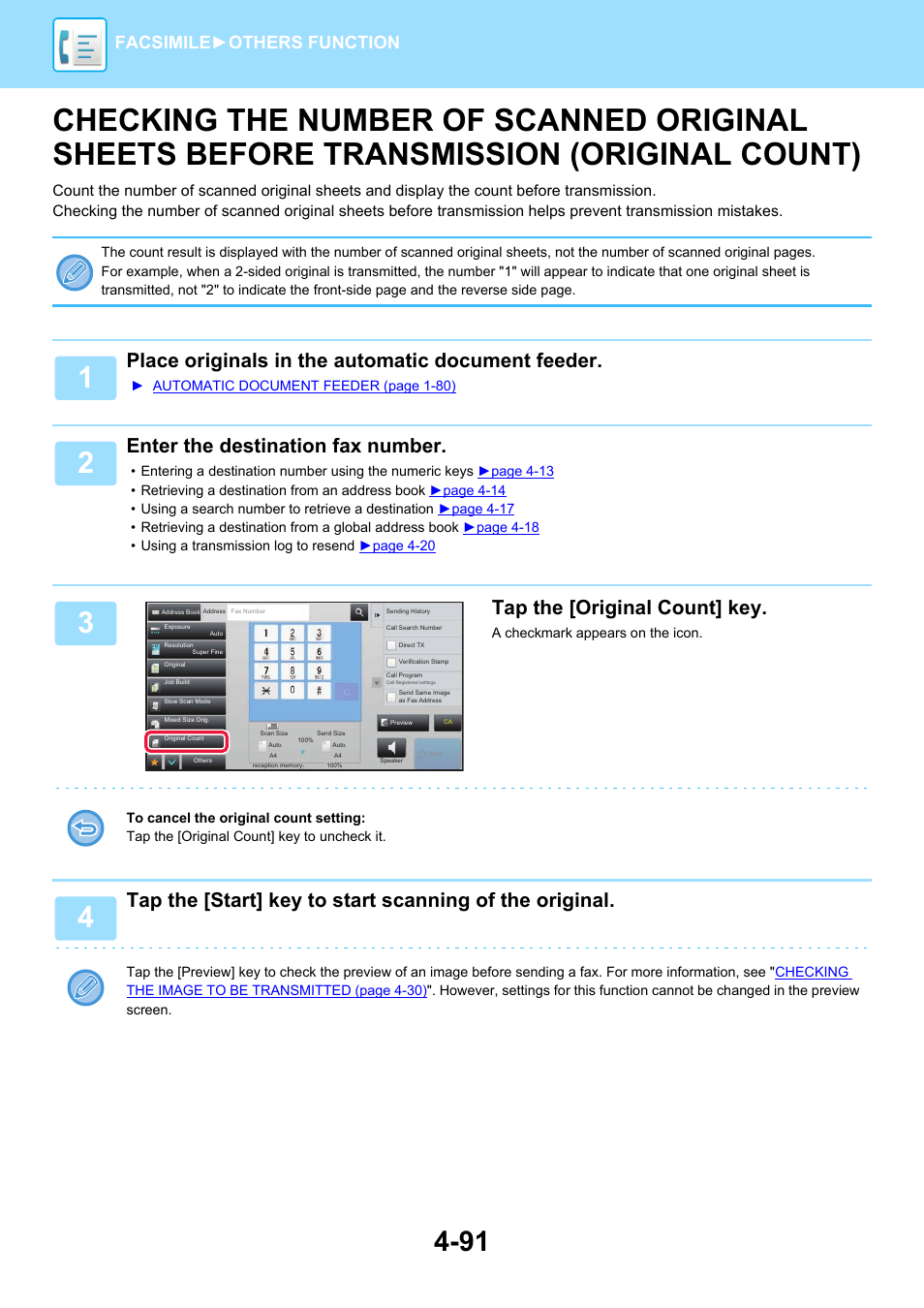 Checking the number of scanned, Count), Place originals in the automatic document feeder | Enter the destination fax number, Tap the [original count] key, Facsimile► others function | Sharp MX-6070N User Manual | Page 494 / 935