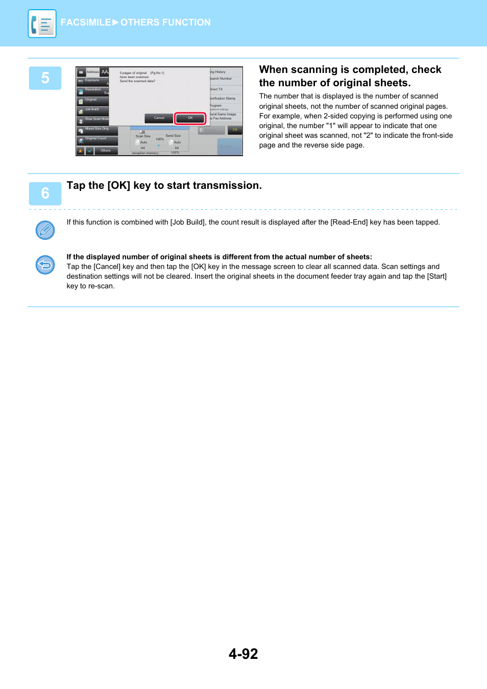 Tap the [ok] key to start transmission, Facsimile► others function | Sharp MX-6070N User Manual | Page 495 / 935