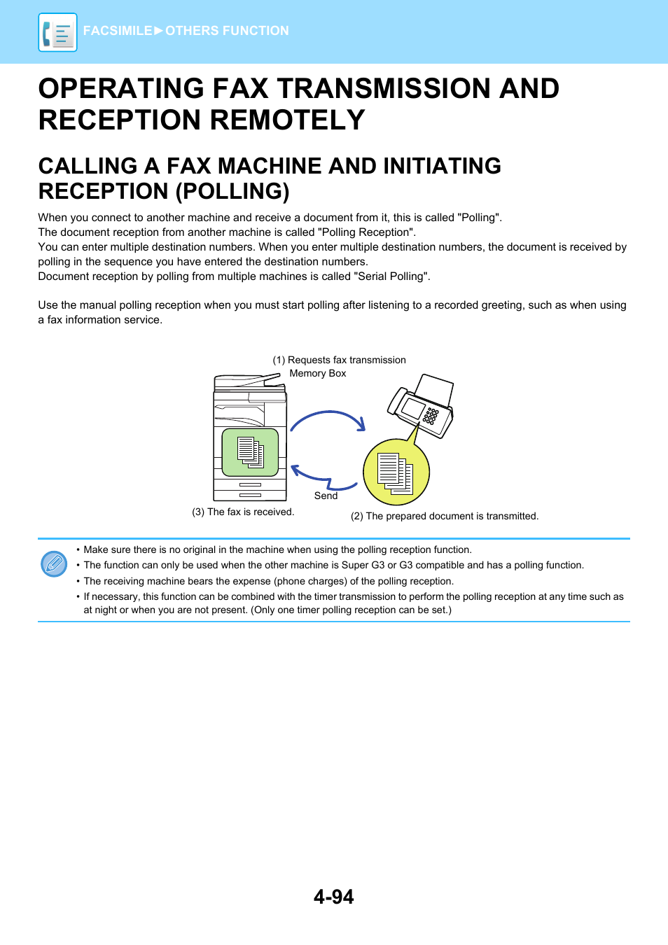 Calling a fax machine and initiating, Reception (polling) -94, Operating fax transmission and reception remotely | Sharp MX-6070N User Manual | Page 497 / 935