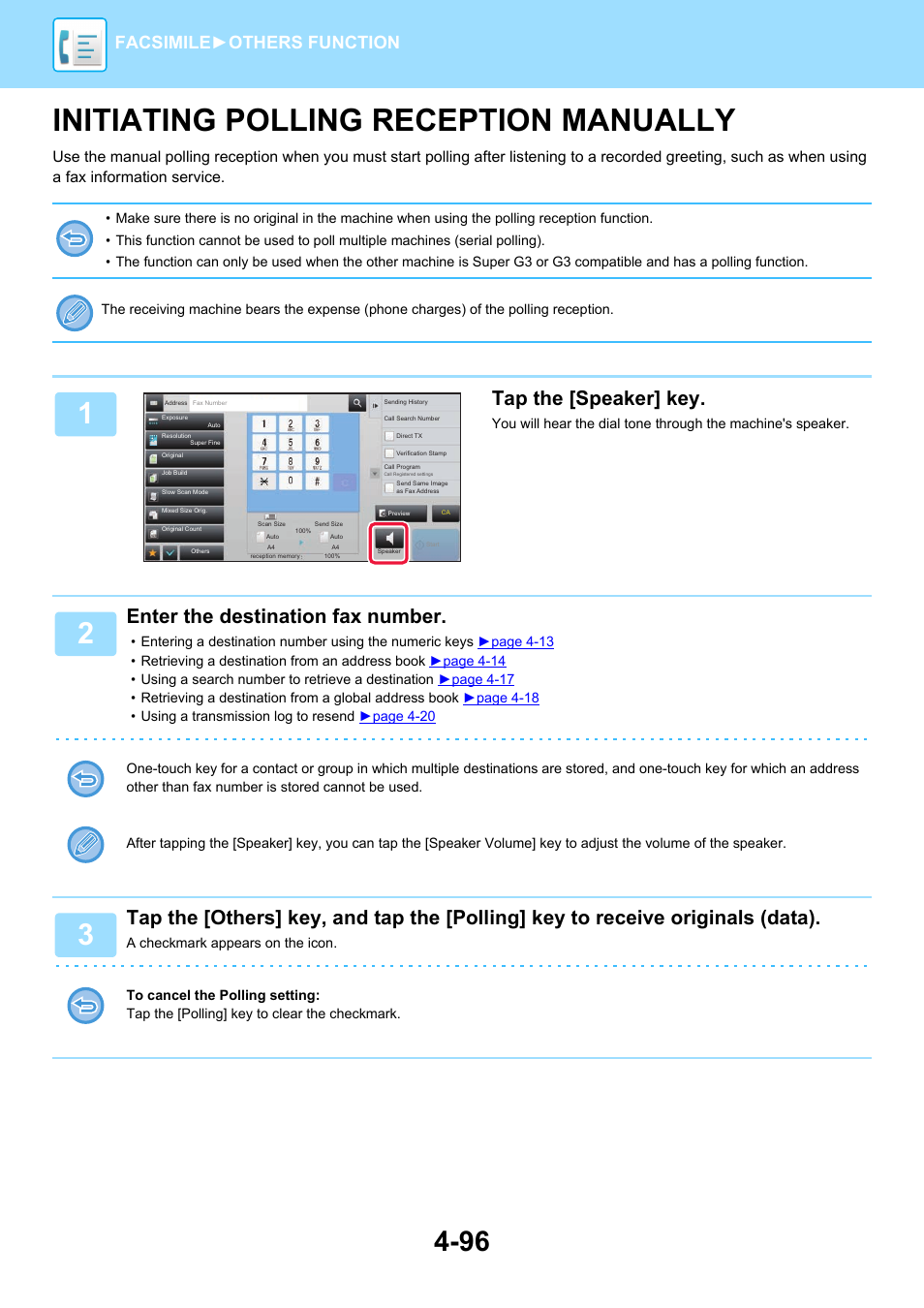 Initiating polling reception, Manually -96, Initiating polling reception manually | Tap the [speaker] key, Enter the destination fax number, Facsimile► others function | Sharp MX-6070N User Manual | Page 499 / 935