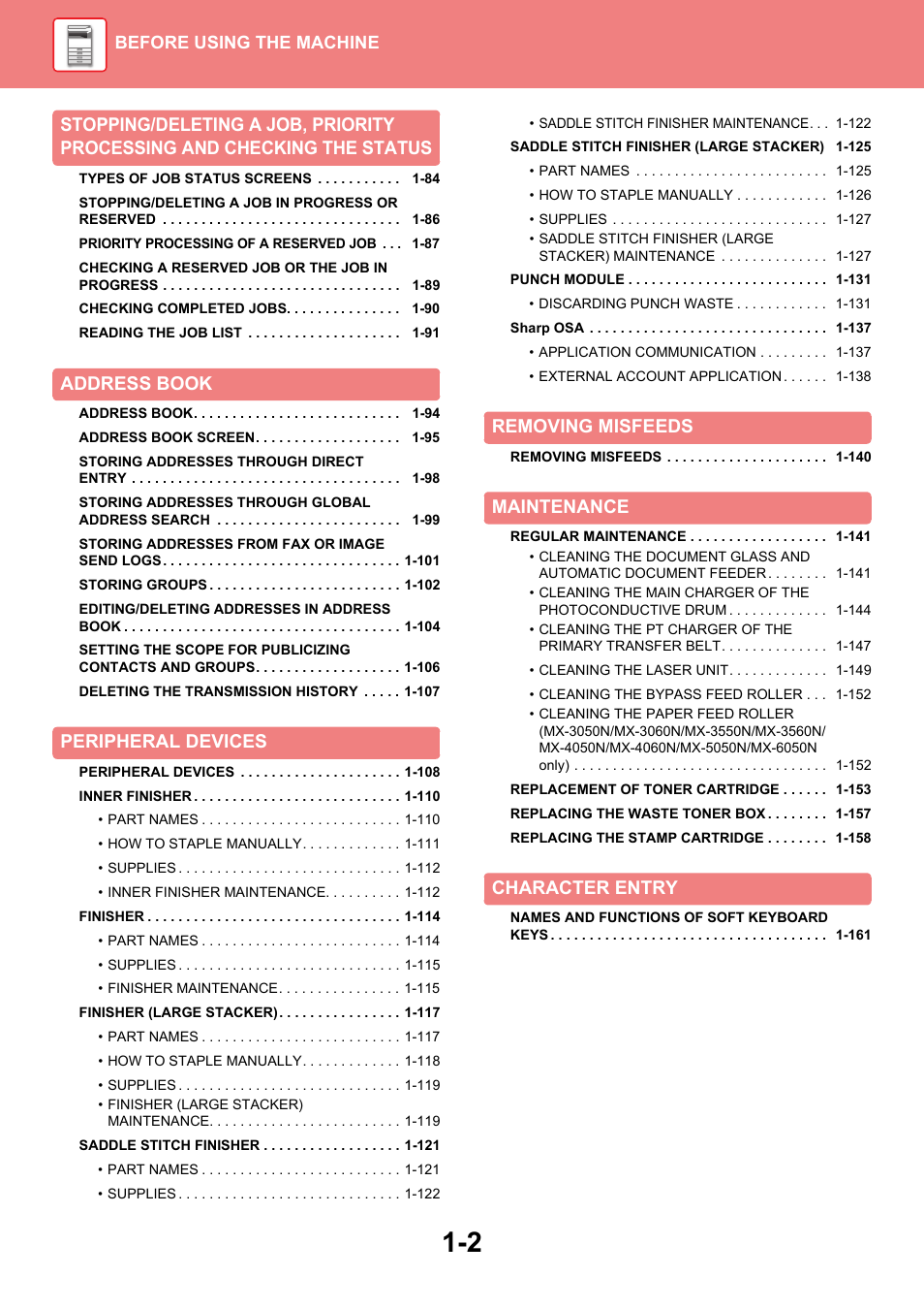 Address book, Peripheral devices, Removing misfeeds | Maintenance, Character entry | Sharp MX-6070N User Manual | Page 5 / 935