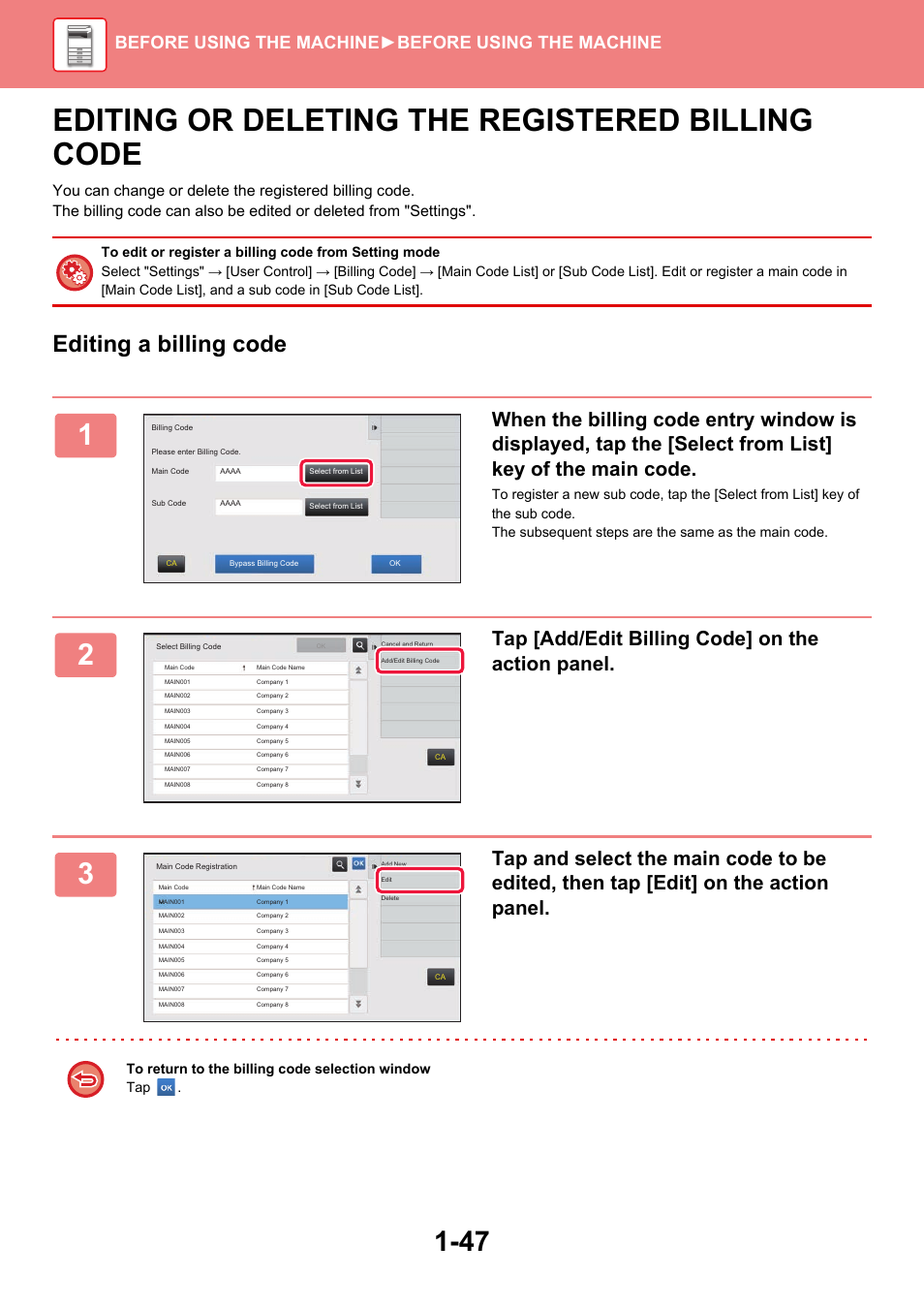 Editing or deleting the registered, Billing code -47, Editing or deleting the registered billing code | Editing a billing code, Tap [add/edit billing code] on the action panel, Before using the machine ►before using the machine | Sharp MX-6070N User Manual | Page 50 / 935