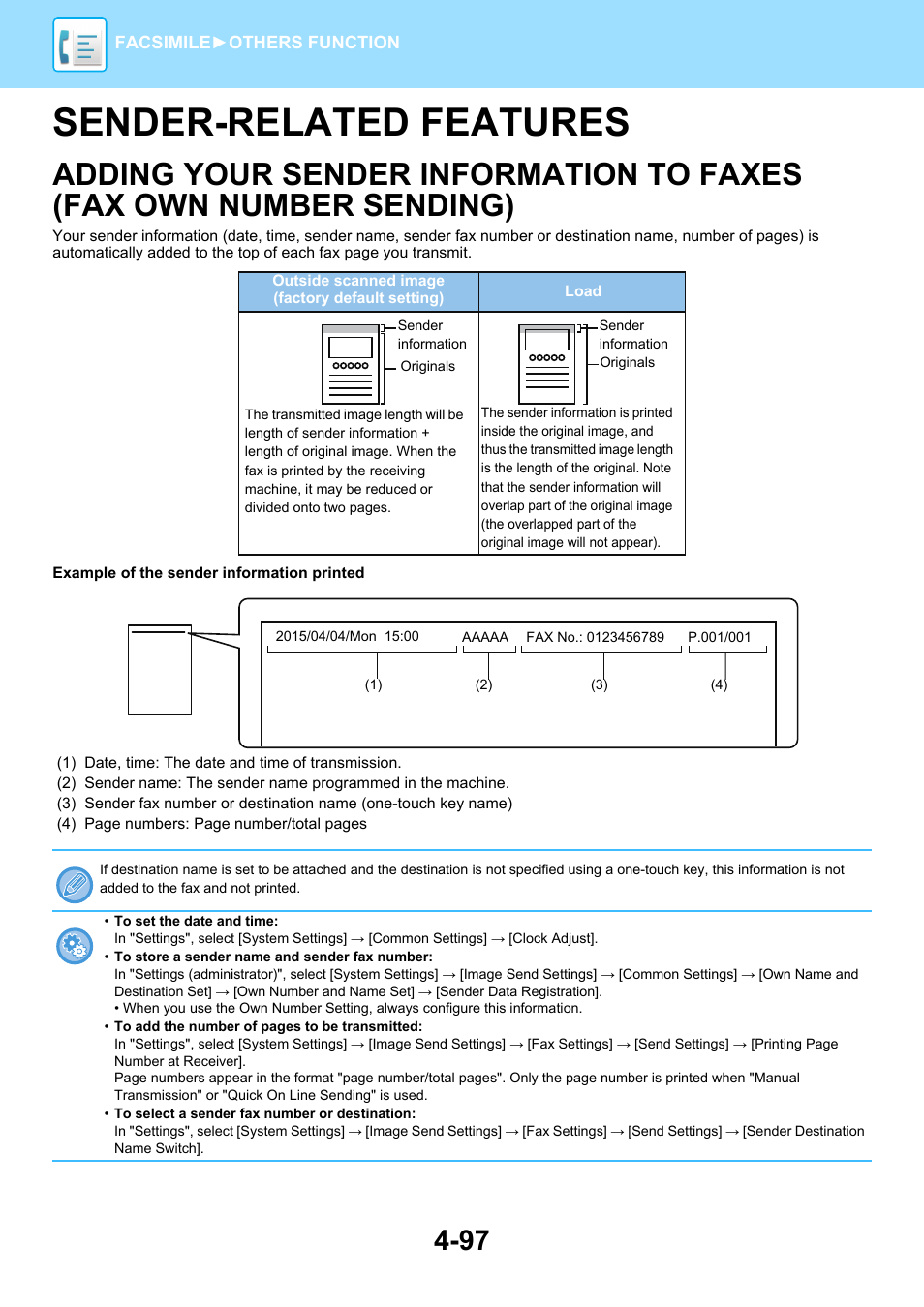 Sender-related features -97, Adding your sender information to, Faxes (fax own number sending) -97 | Sender-related features | Sharp MX-6070N User Manual | Page 500 / 935