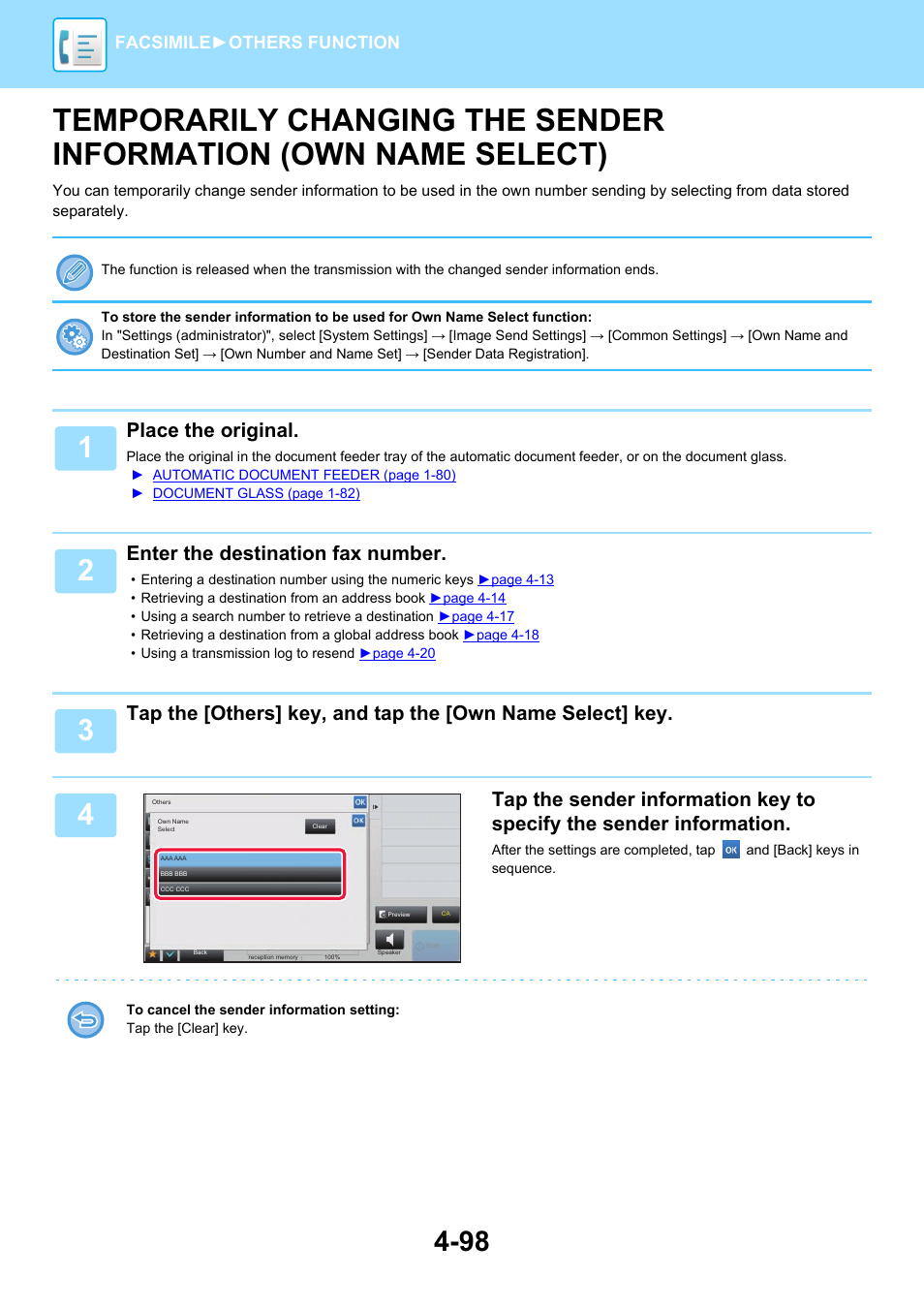 Temporarily changing the sender, Information (own name select) -98, Place the original | Enter the destination fax number | Sharp MX-6070N User Manual | Page 501 / 935