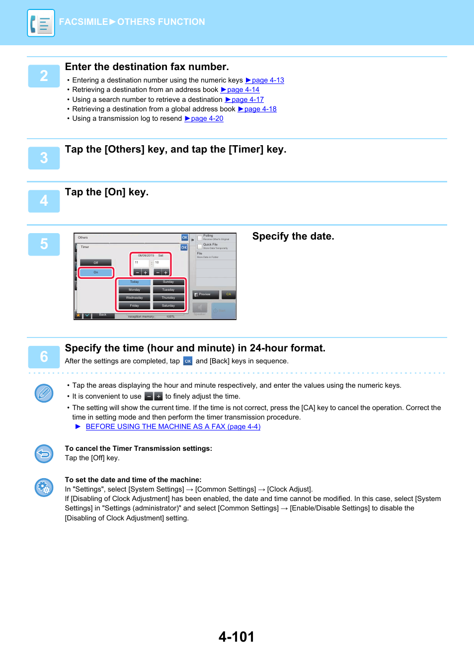 Enter the destination fax number, Tap the [others] key, and tap the [timer] key, Tap the [on] key | Specify the date, Facsimile► others function | Sharp MX-6070N User Manual | Page 504 / 935