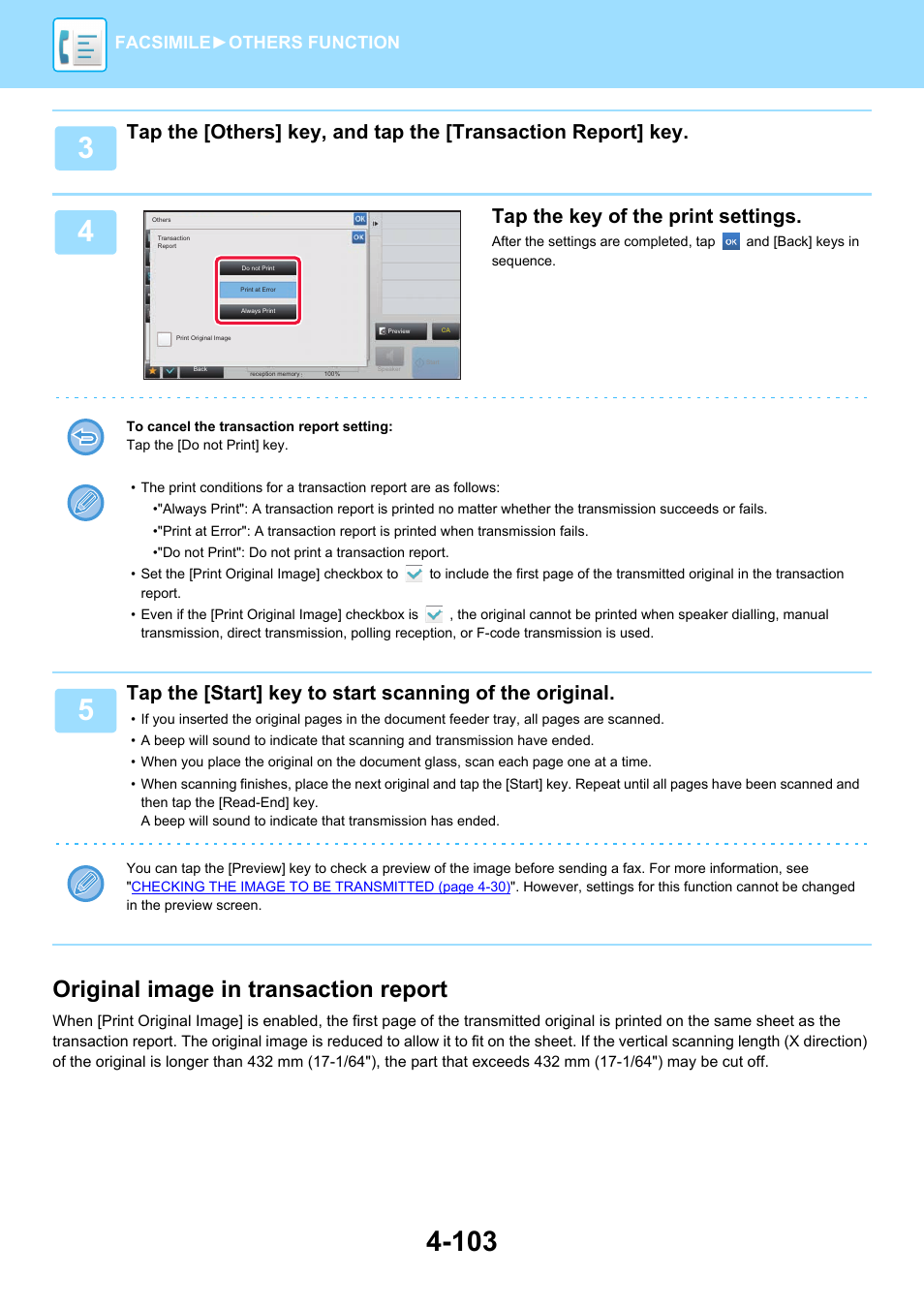 Original image in transaction report, Tap the key of the print settings, Facsimile► others function | Sharp MX-6070N User Manual | Page 506 / 935