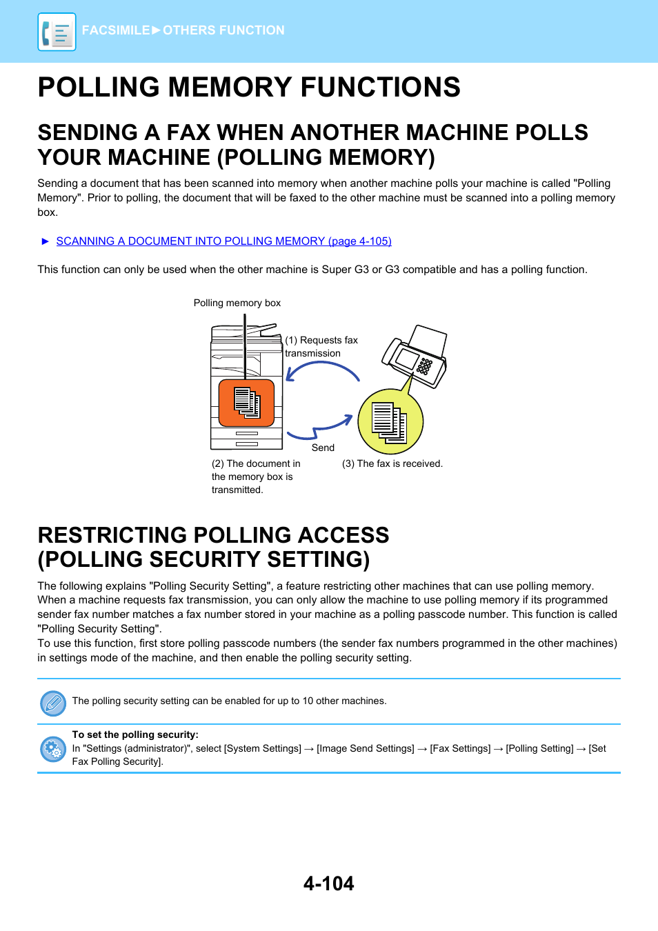 Polling memory functions -104, Sending a fax when another machine, Polls your machine (polling memory) -104 | Restricting polling access (polling, Security setting) -104 | Sharp MX-6070N User Manual | Page 507 / 935