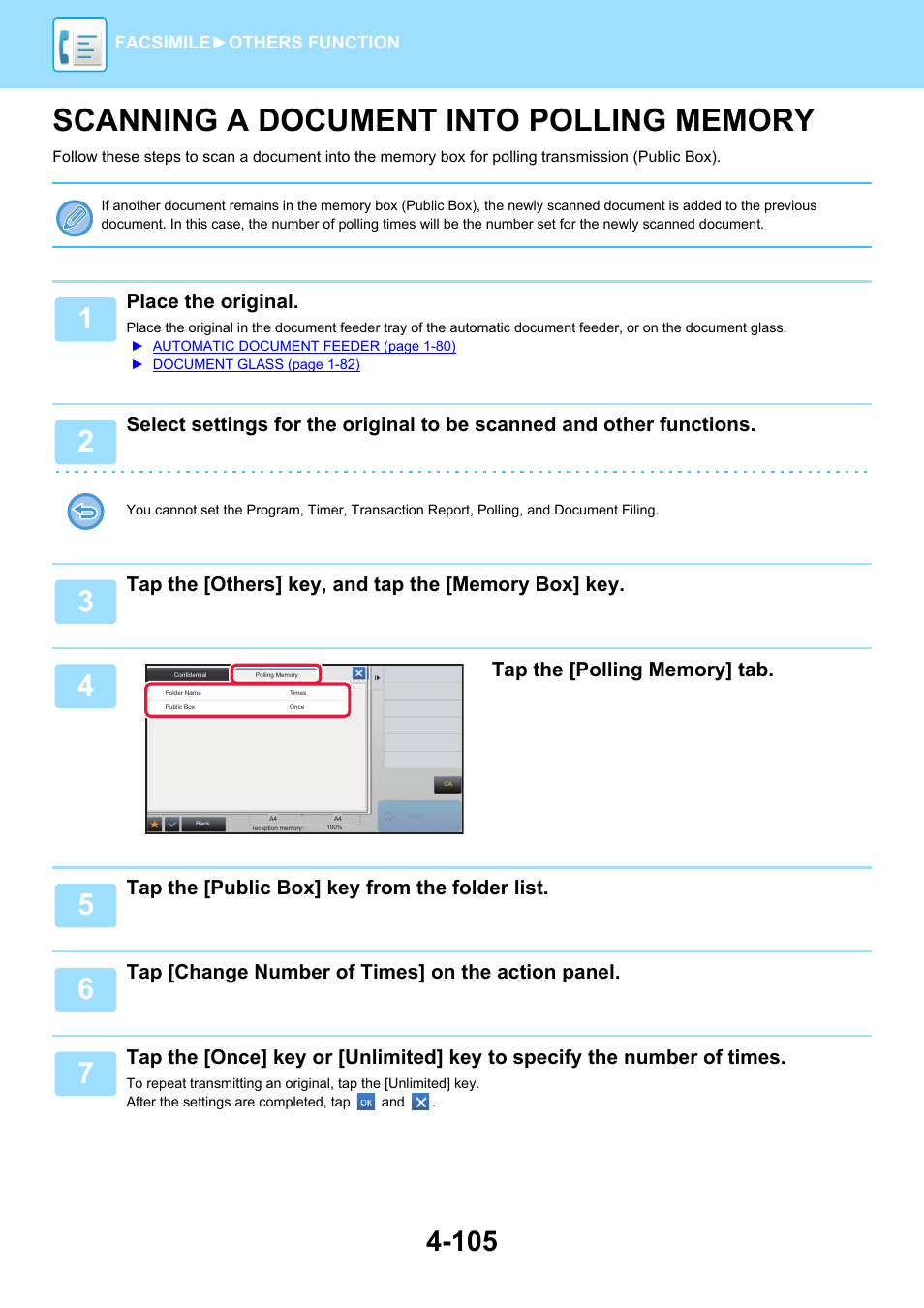 Scanning a document into polling, Memory -105, Place the original | Tap the [public box] key from the folder list, Tap [change number of times] on the action panel | Sharp MX-6070N User Manual | Page 508 / 935