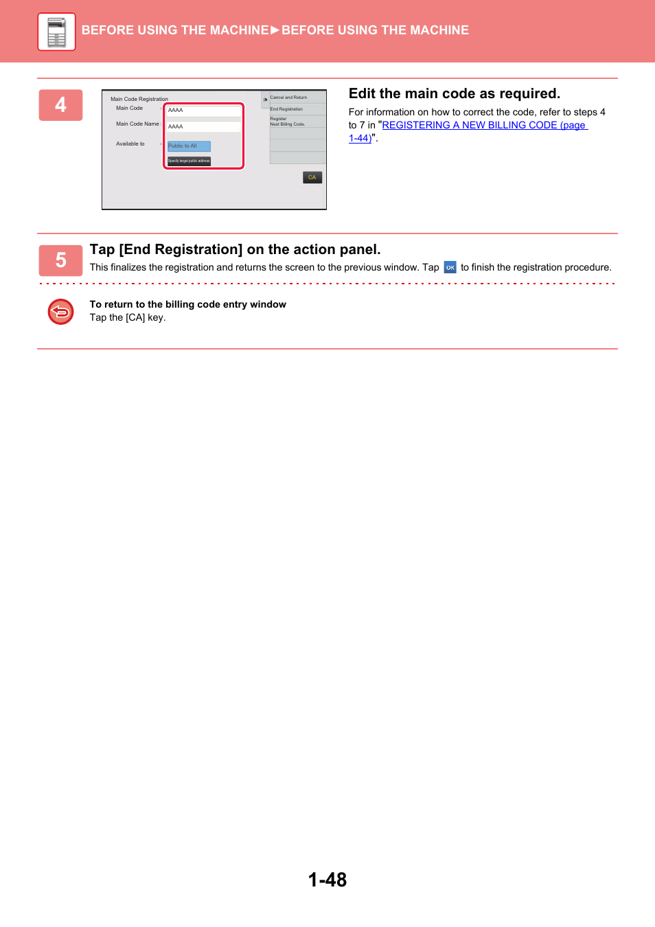 Edit the main code as required, Tap [end registration] on the action panel, Before using the machine ►before using the machine | Sharp MX-6070N User Manual | Page 51 / 935