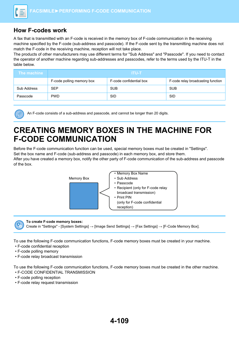 Creating memory boxes in the, Machine for f-code communication -109, How f-codes work | Sharp MX-6070N User Manual | Page 512 / 935