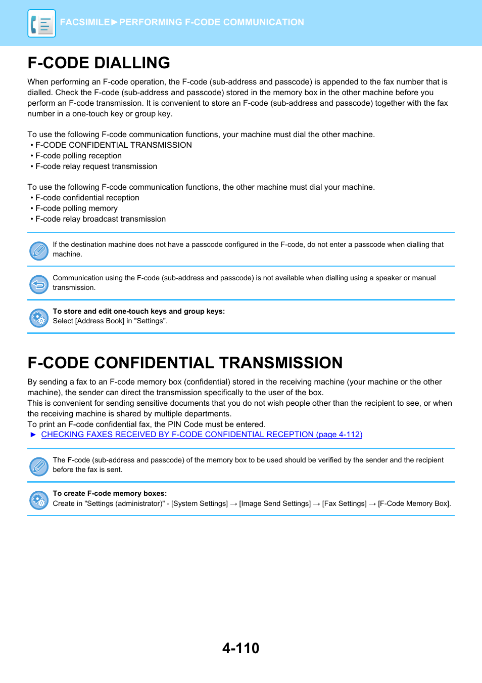 F-code dialling -110, F-code confidential transmission -110, F-code dialling | F-code confidential transmission | Sharp MX-6070N User Manual | Page 513 / 935