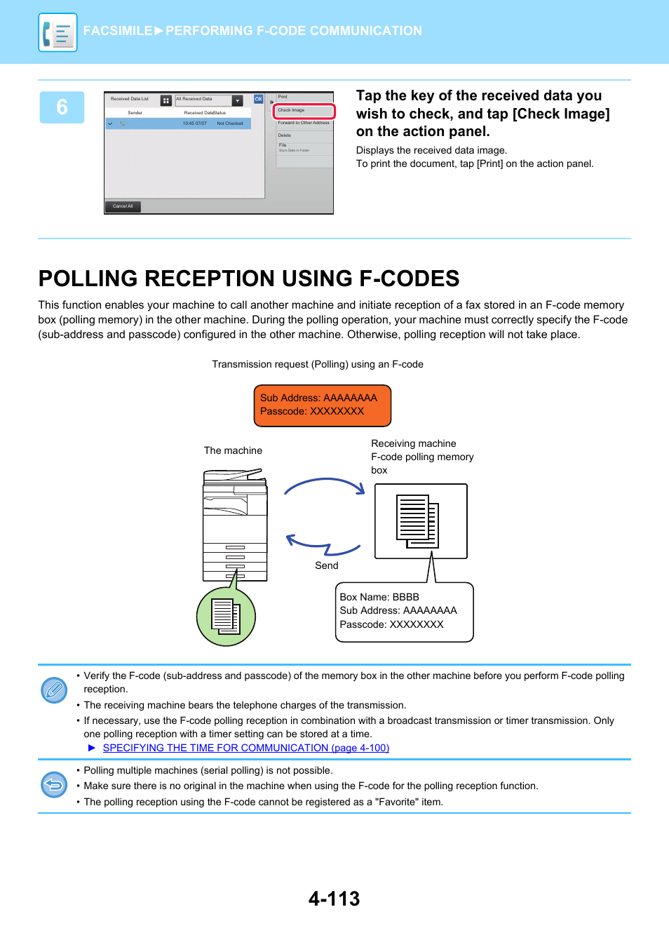 Polling reception using f-codes -113, Polling reception using f-codes, Facsimile► performing f-code communication | Sharp MX-6070N User Manual | Page 516 / 935