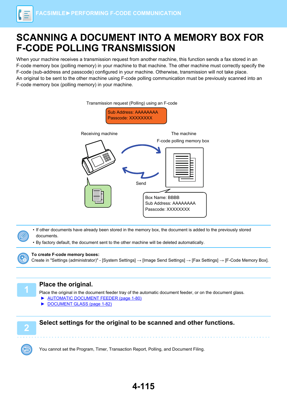 Scanning a document into a memory, Box for f-code polling transmission -115 | Sharp MX-6070N User Manual | Page 518 / 935