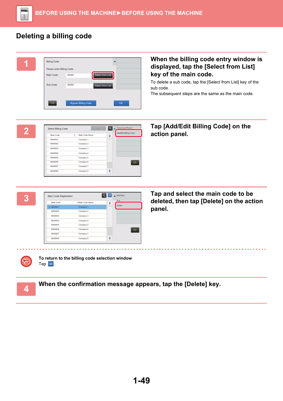 Deleting a billing code, Tap [add/edit billing code] on the action panel, Before using the machine ►before using the machine | Sharp MX-6070N User Manual | Page 52 / 935