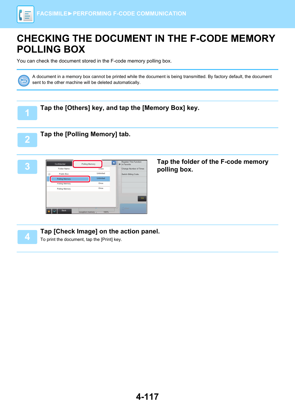 Checking the document in the, F-code memory polling box -117, Tap [check image] on the action panel | Facsimile► performing f-code communication | Sharp MX-6070N User Manual | Page 520 / 935