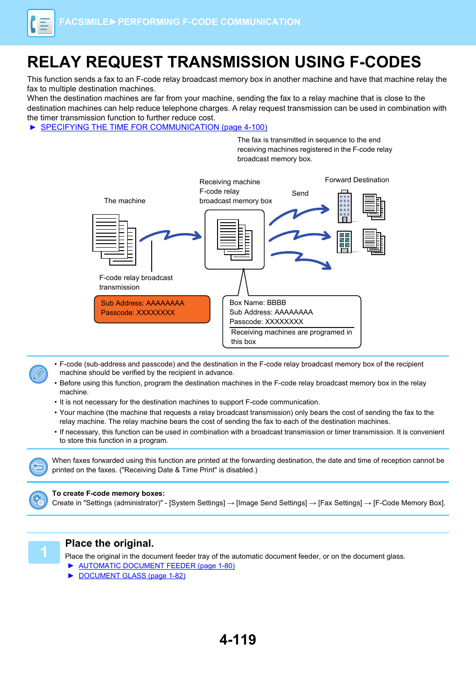 Relay request transmission using, F-codes -119, Relay request transmission using f-codes | Place the original | Sharp MX-6070N User Manual | Page 522 / 935