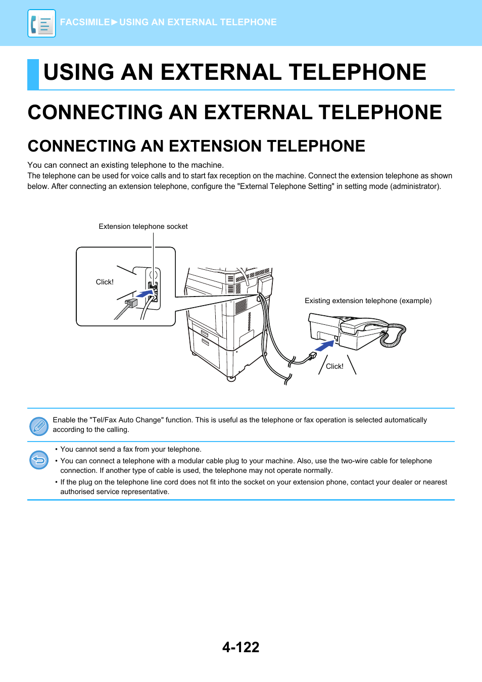 Using an external telephone, Connecting an external telephone -122, Connecting an extension telephone -122 | Connecting an external telephone, Connecting an extension telephone | Sharp MX-6070N User Manual | Page 525 / 935